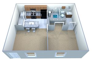 A 3D image of a small apartment with a kitchen, living room, and bathroom.